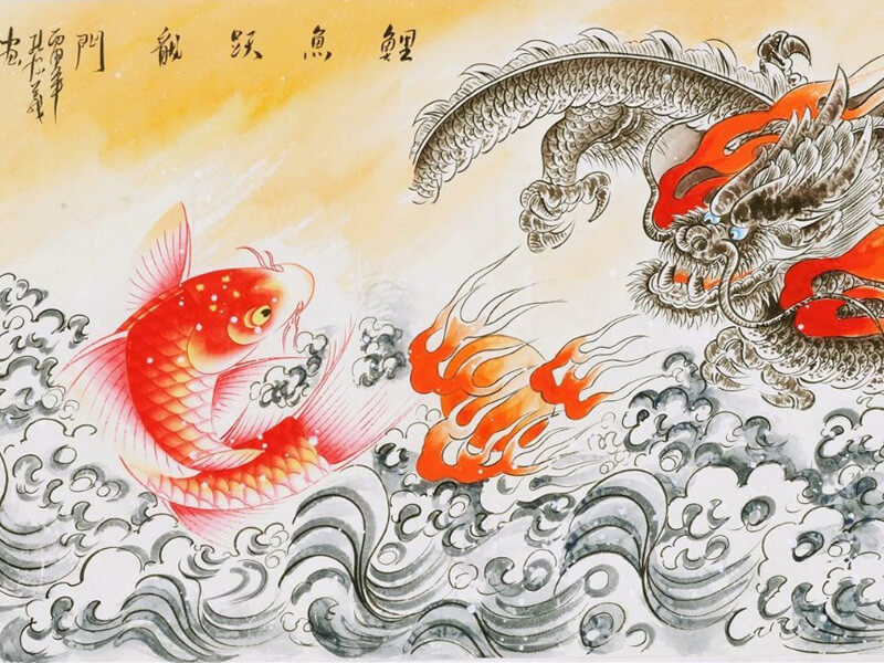 Bức tranh tượng trưng cho hành trình cá chép vượt Vũ Môn