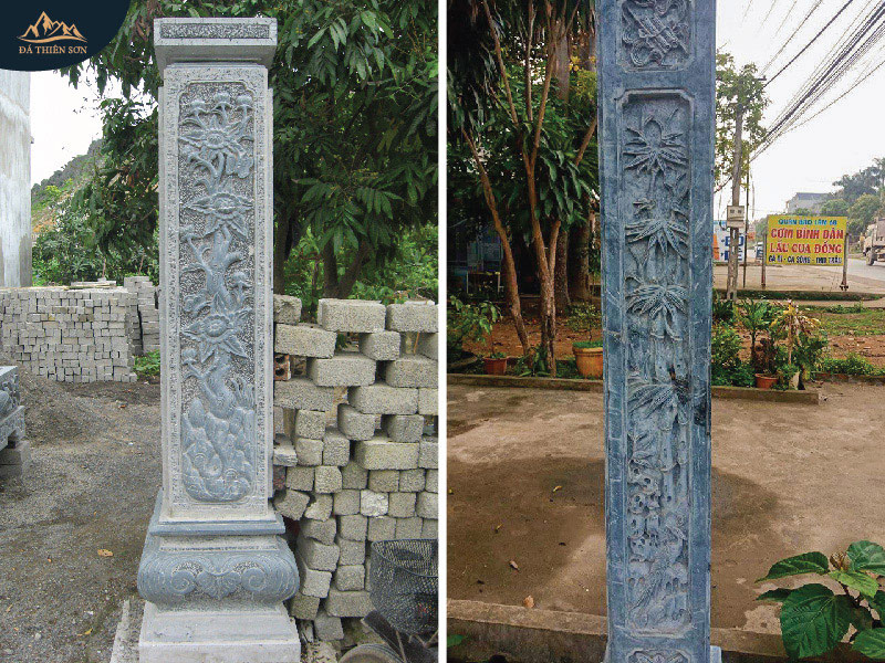 Cột đá vuông xanh Ninh Bình, khắc hoa văn Tứ Quý