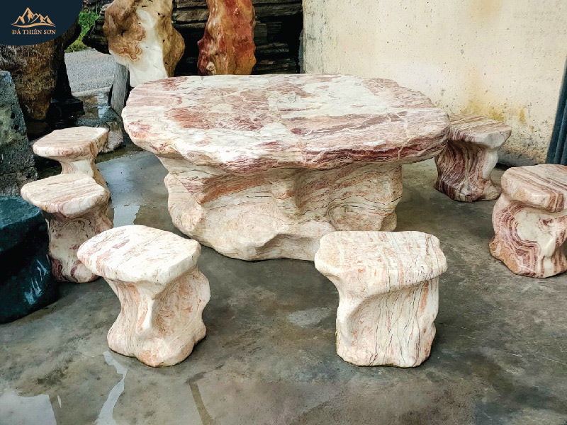 Bàn ghế đá cẩm thạch kích thước nhỏ, 6 ghế