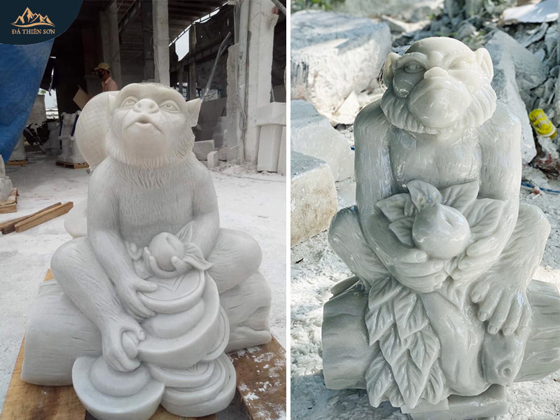 Hai mẫu tượng khỉ bằng đá trắng tự nhiên