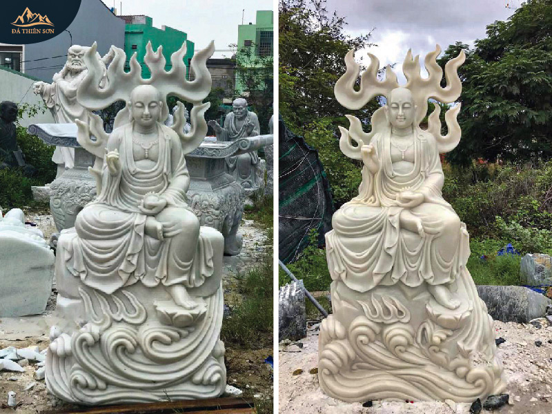 Tượng đá Phật Địa Tạng có hoa văn lửa phía sau