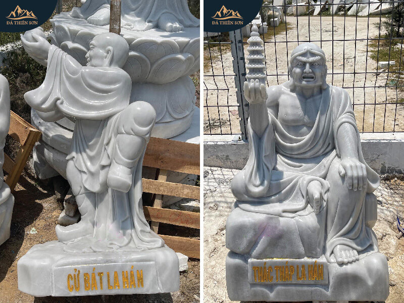 Tượng La Hán Cử Bát và Thác Tháp bằng đá trắng tự nhiên
