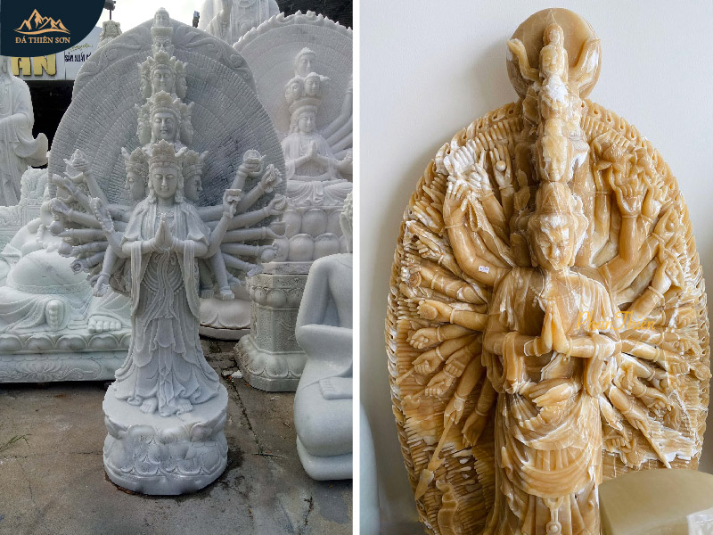 Hai mẫu tượng Phật Thiên Thủ Thiên Nhãn đứng bằng đá trắng, đá quý