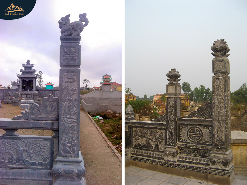 Cột cổng lăng mộ đá thường kết hợp trang trí những hoạ tiết như chữ Thọ
