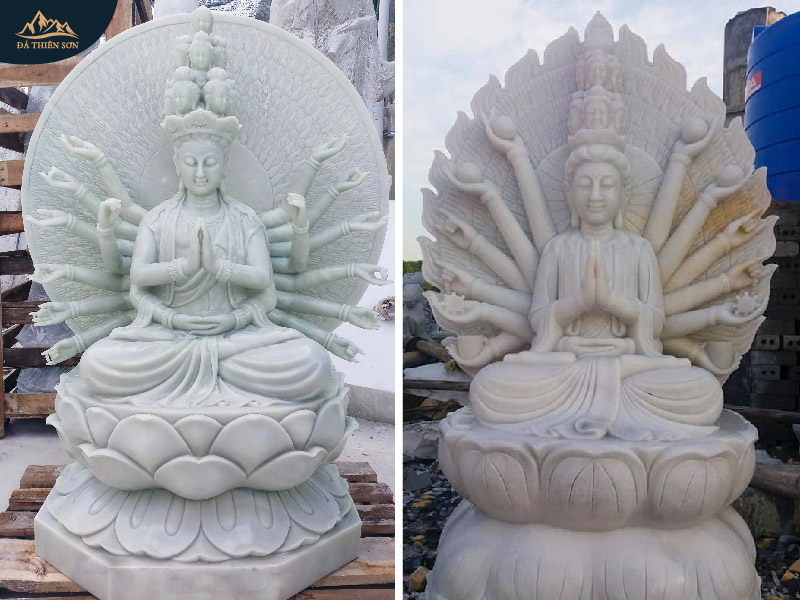 Tượng Phật Bà Thiên Thủ Thiên Nhãn bằng đá liền khối với bệ đỡ
